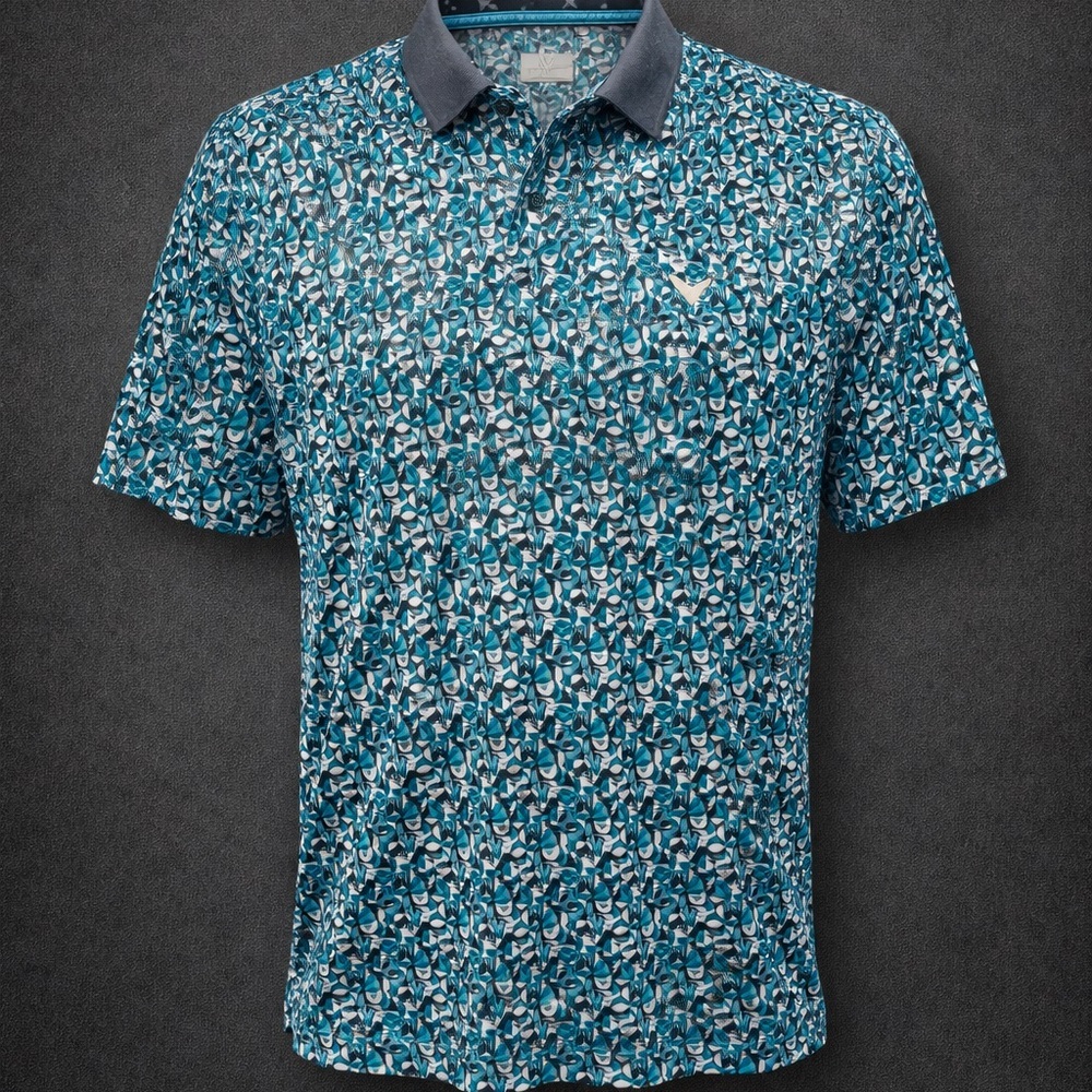 Callaway Golf Polo Shirt Mens XXL Opti Dri Blue Geometric Performance Stretch